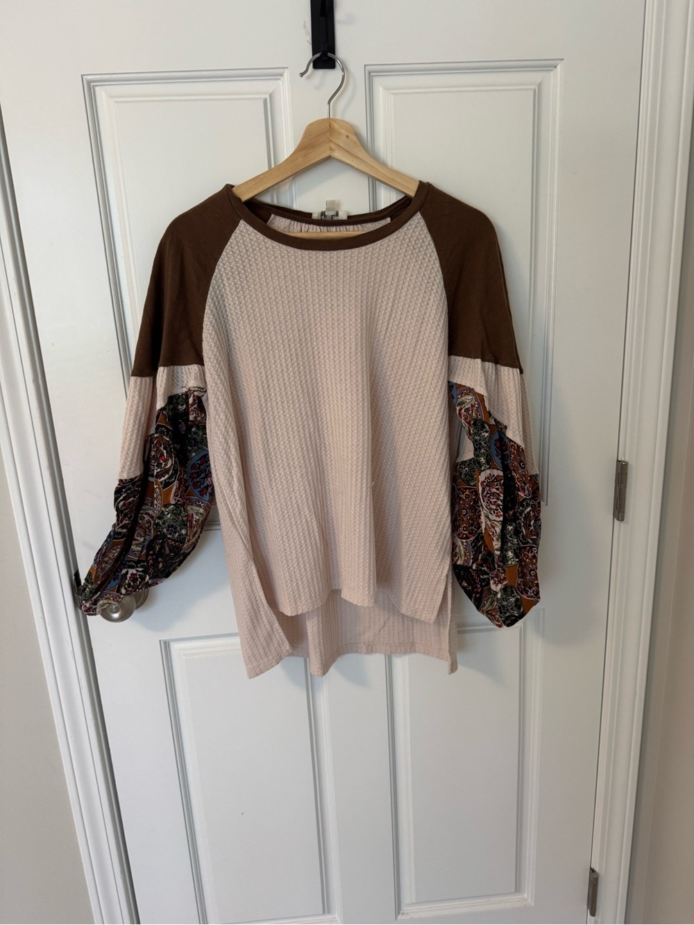 Umgee Cream Waffle Knit Top with Brown Raglan and Patterned Balloon Sleeves